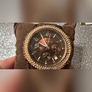 Michael Kors Gold Tortoise Chronograph Watch Crystal Bezel